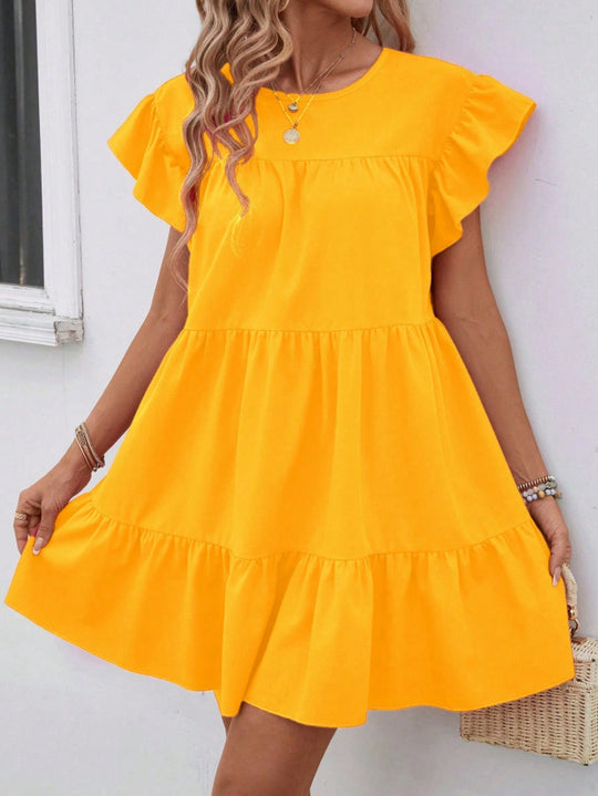 Damen luftiges Minikleid mit voluminösem Volant und lässigem Schnitt EB