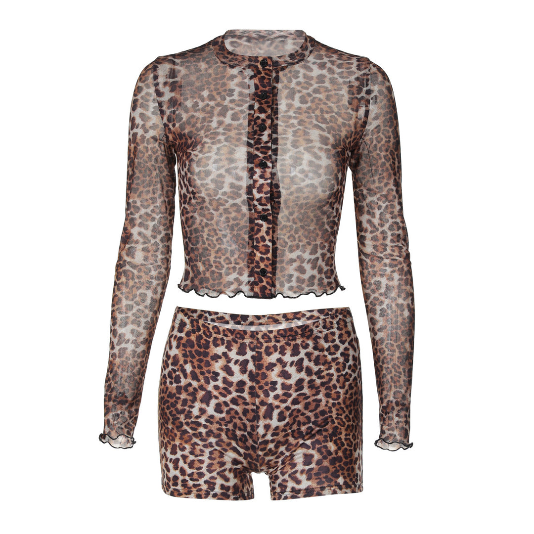 Damen Transparente Leopardenmuster Bluse und Short Set EB