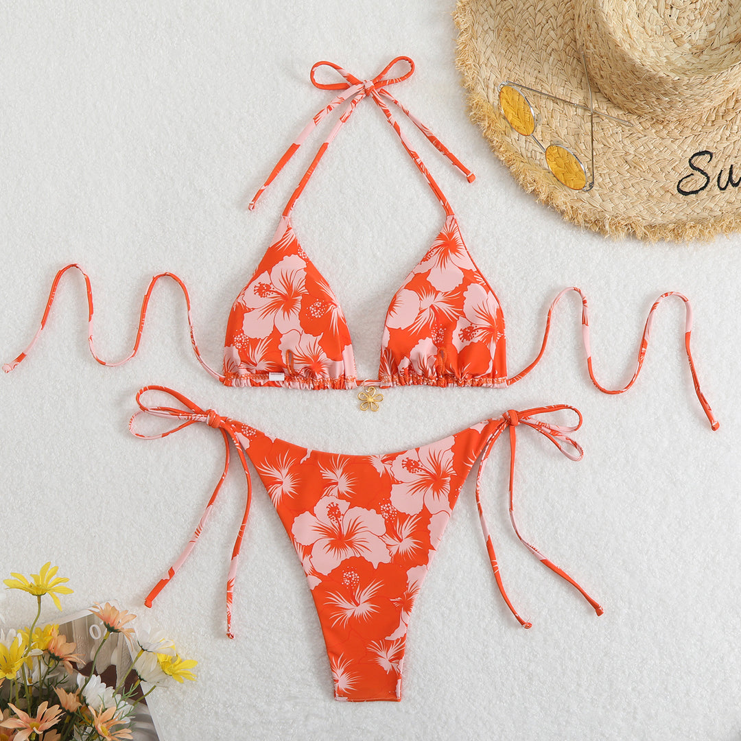 Damen Triangel-Bikini mit floralem Design und verstellbaren Trägern EB