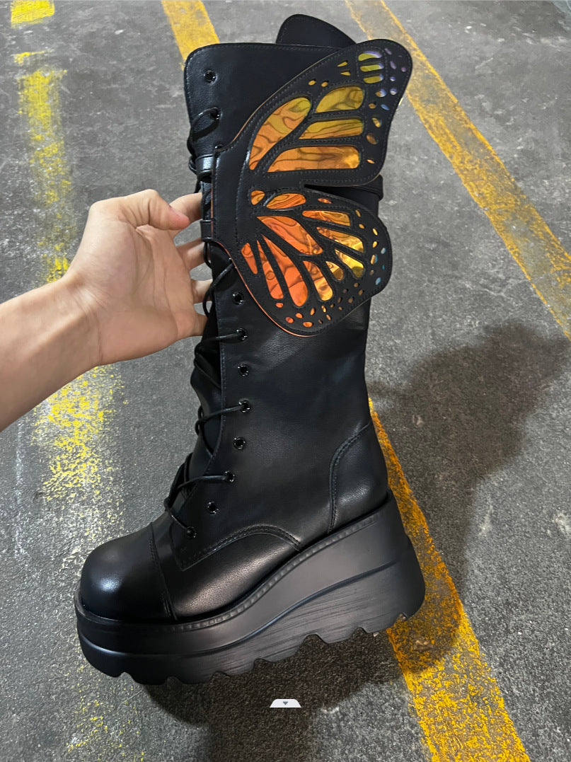Damen Schnürstiefel mit modischem Schmetterlingsdesign und hohem Plateau EB