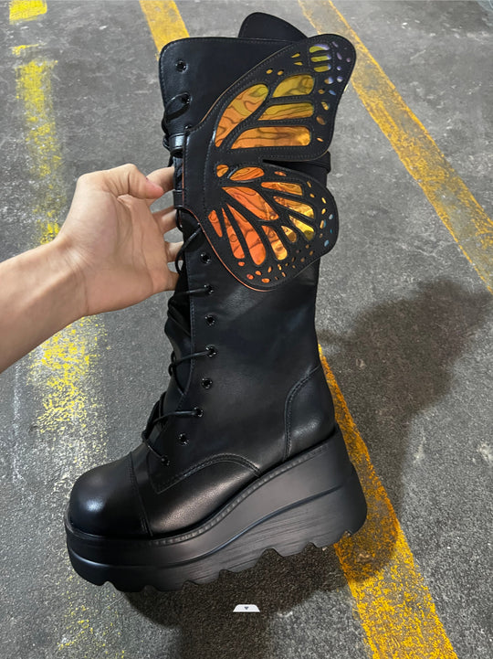 Damen Schnürstiefel mit modischem Schmetterlingsdesign und hohem Plateau EB