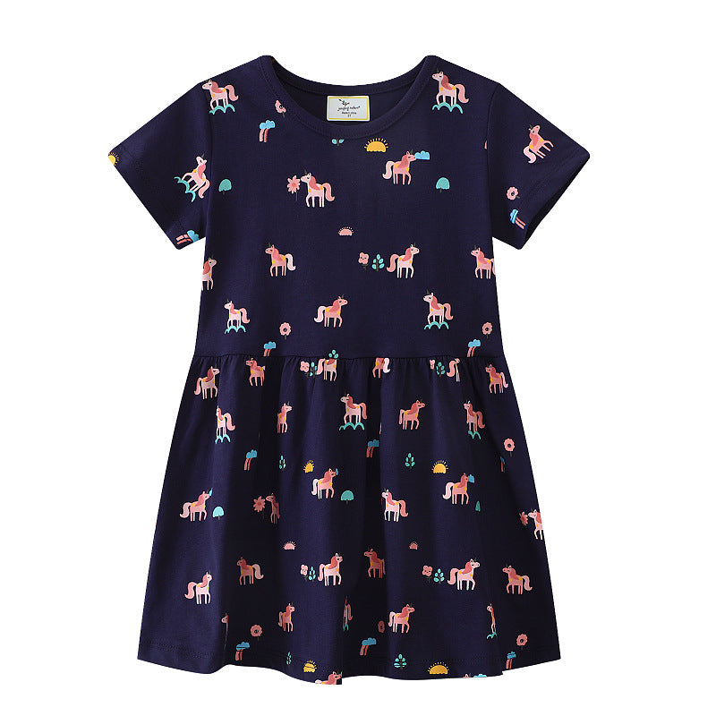 Mädchen Kurzarm Kleid mit verspieltem Einhorn-Motiv EB