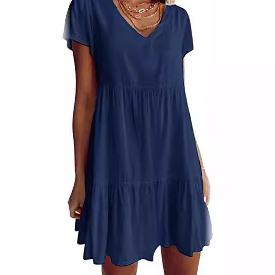 Damen luftiges V-Ausschnitt Kleid mit Rüschensaum und praktischen Taschen EB
