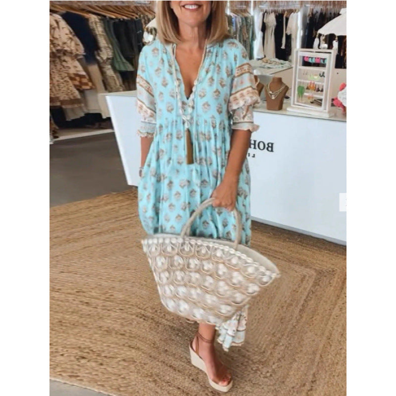 Damen Boho-Stil Kleid mit geflochtener Schnürung und handgefertigten Details EB