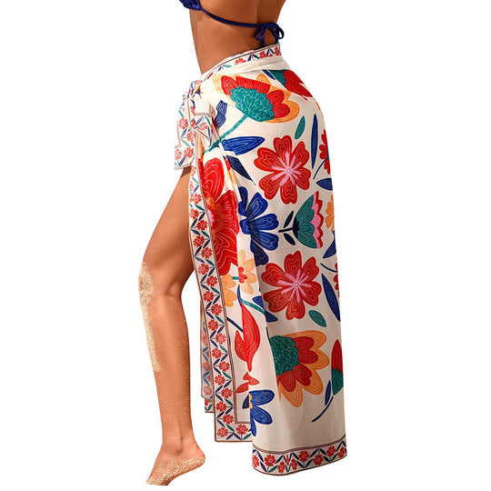 Damen Long- Maxirock mit floralem Muster und seitlichem Bindegürtel EB