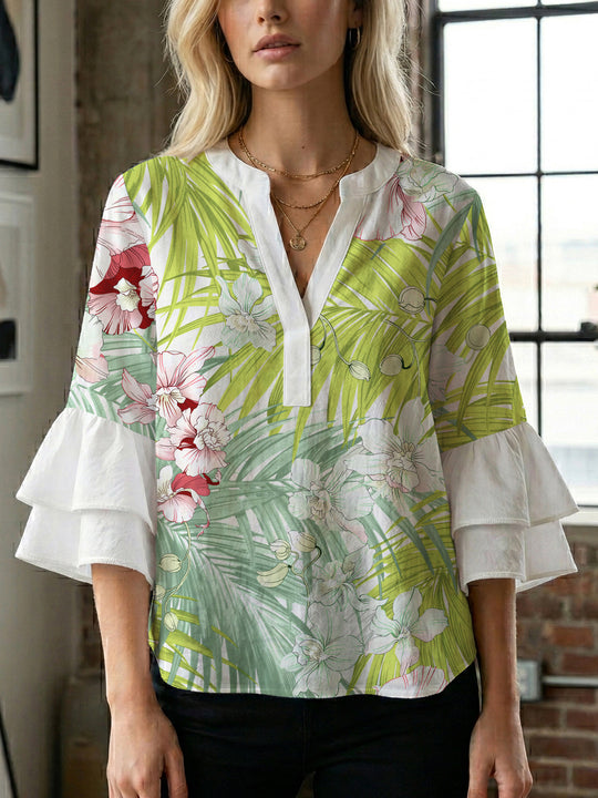 Damen elegantes Blusenshirt mit voluminösen Rüsenärmeln und grafischem Blumendesign EB