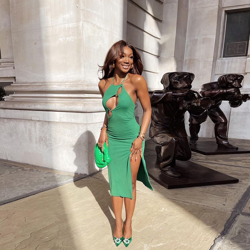Damen elegantes Maxikleid mit tiefem V-Ausschnitt und raffinierten Cut-Out-Details EB