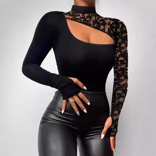 Damen Elegantes Oberteil mit transparenten Spitzenärmeln und asymmetrischem Ausschnitt EB