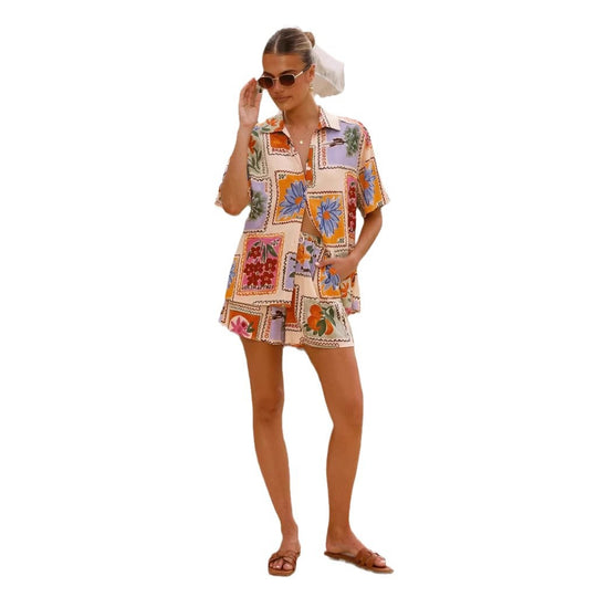Damen Kurzarm-Hemd mit passender Shorts im floralem Design EB