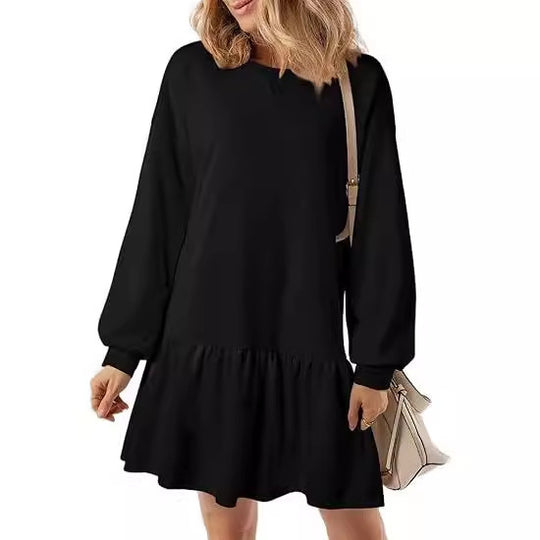 Damen lässiges Sweatkleid mit voluminösen Ärmeln und Rüschensaum EB