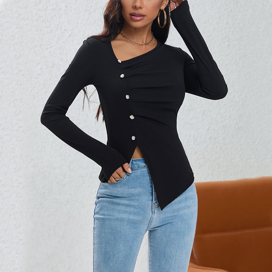 Damen asymmetrisches geripptes Longsleeve mit Diagonalknopfleiste und spitzem Saum Eichborn Berlin