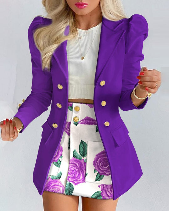 Damen Zweiteiliges karriertes Blazer- und Minirock-Set mit betonten Puffärmeln und goldenen Knöpfen EB