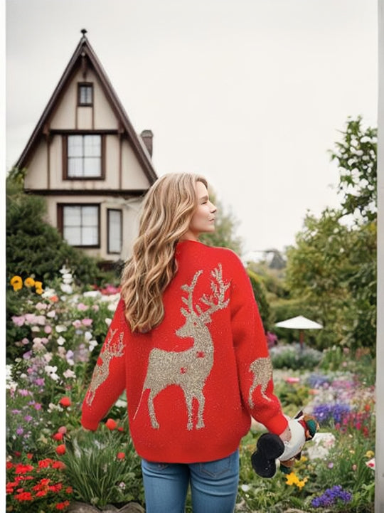 Damen kuscheliger Strickpullover mit festlichem Schneeflocken-Motiv EB