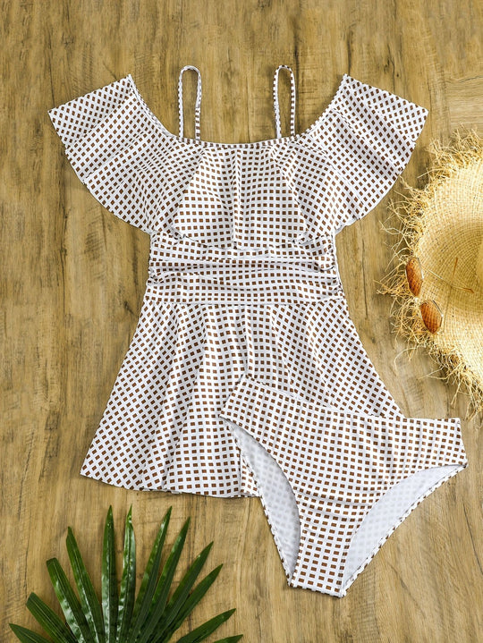 Damen Badeanzug-Set mit Rüschendetails und elegantem Karomuster EB