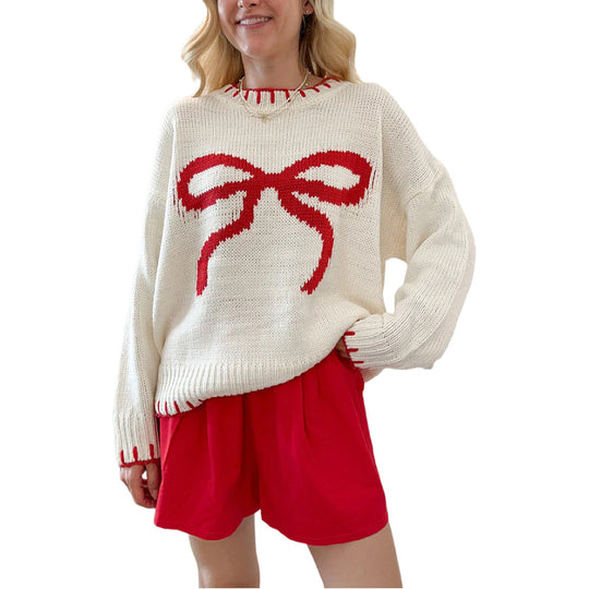 Damen Grob gestrickter Pullover mit dekorativem Schleifenmuster und kontrastierenden Abschlüssen EB