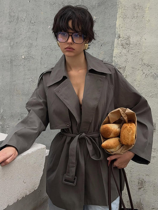 Damen modische Trenchcoat-Jacke mit abnehmbarem Gürtel und oversized Schnitt EB