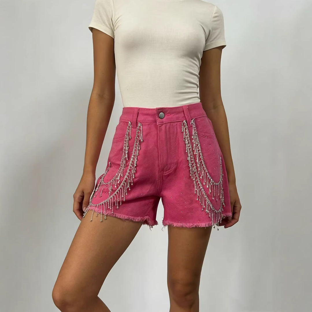 Damen Designer Denim-Shorts mit trendigen Kettenverzierungen EB