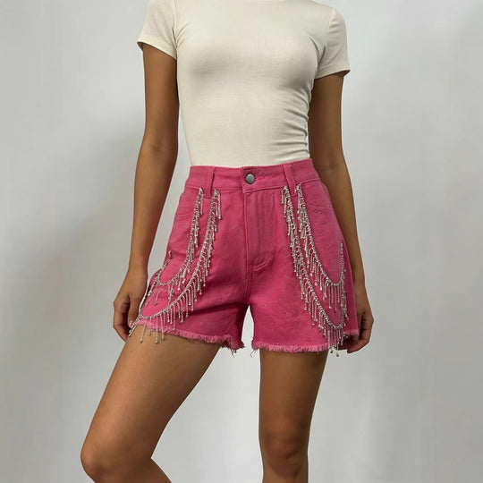 Damen Designer Denim-Shorts mit trendigen Kettenverzierungen EB