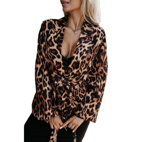 Damen Modischer Blazer im Leopardenmuster mit Bindegürtel EB