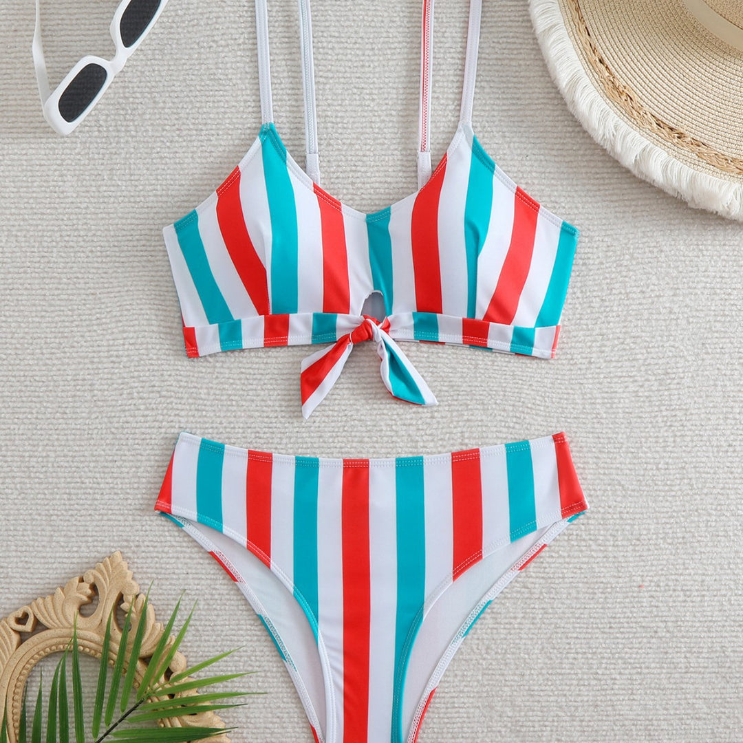 Damen Bikini-Set mit modischem Knoten und buntem Streifenmuster EB