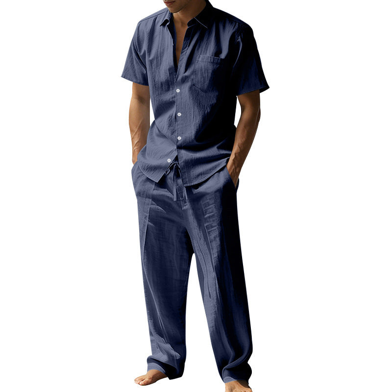 Herren nan resort-taugliches Kurzarm-Hemd mit Brusttasche und lässiger Leinen-Kordelhose EB