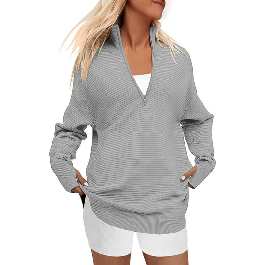 Damen Hochwertiger Reißverschluss Pullover mit strukturiertem Design EB