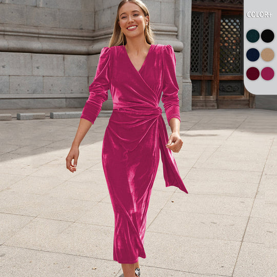 Damen Elegantes Wickelkleid mit Puffärmeln und Goldakzenten EB