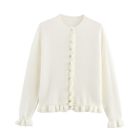 Damen Strickjacke mit dekorativem Rüschensaum und Knopfverschluss EB