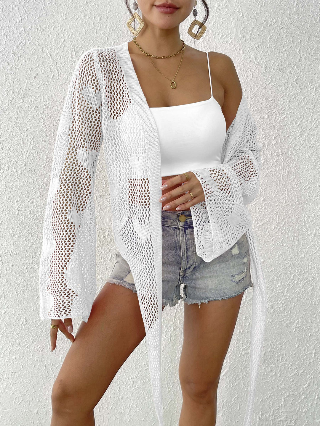 Damen luftiger Strick-Kimono mit offener Front und Kordelzug EB