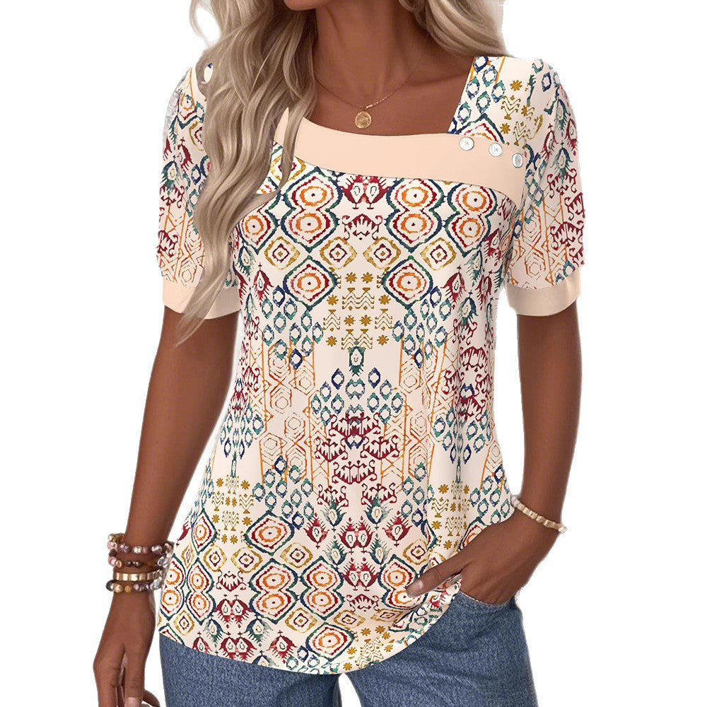 Damen nan leichtes Boho-Blusenshirt mit quadratischem Ausschnitt, Zierknopfleiste und geschwungenem Saum EB