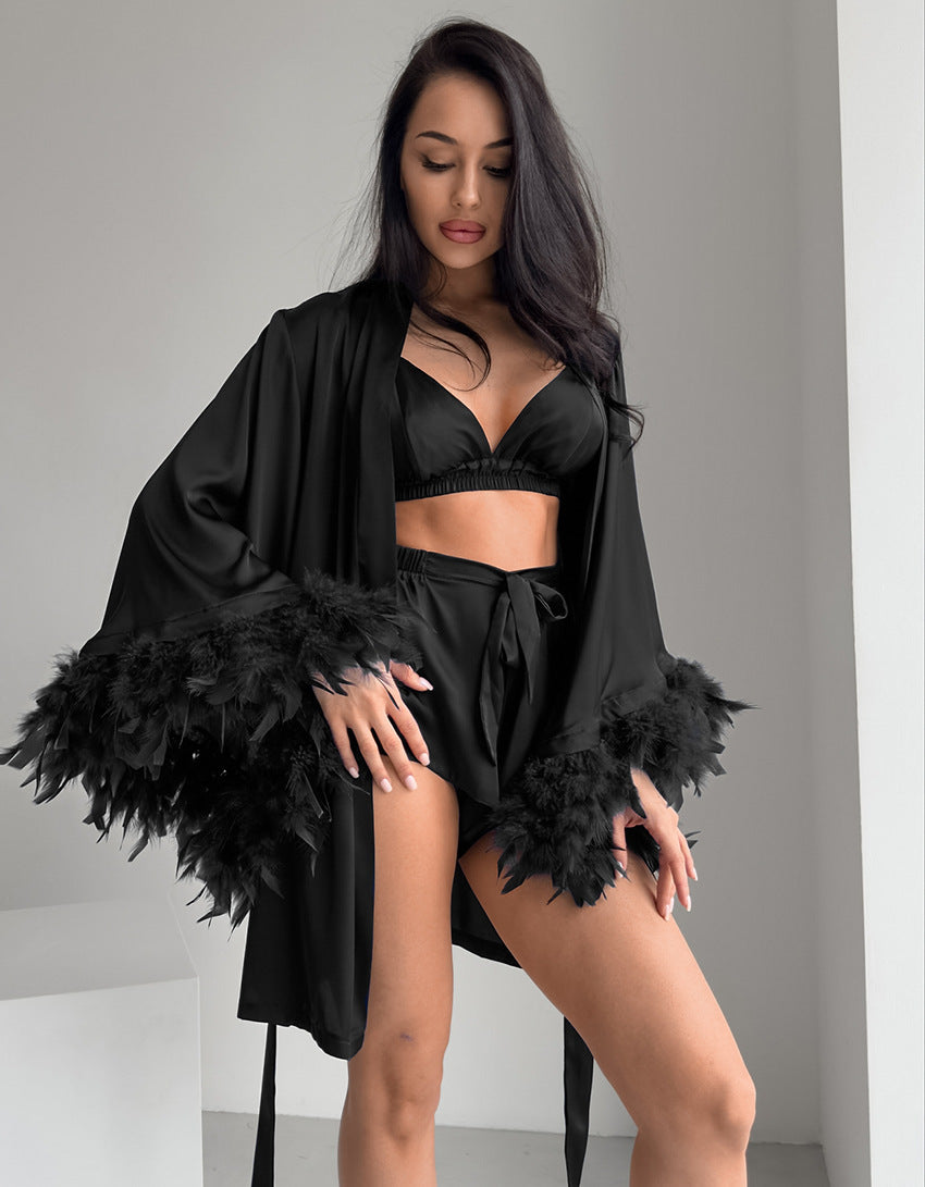 Damen Satin Kimono mit Federn EB