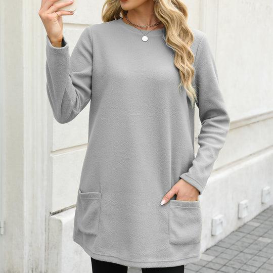 Damen nan legeres Fleece-Tunika-Kleid mit Rundhalsausschnitt und aufgesetzten Taschen EB
