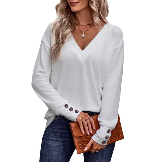 Damen V-Ausschnitt Pullover mit Knopfdetails EB