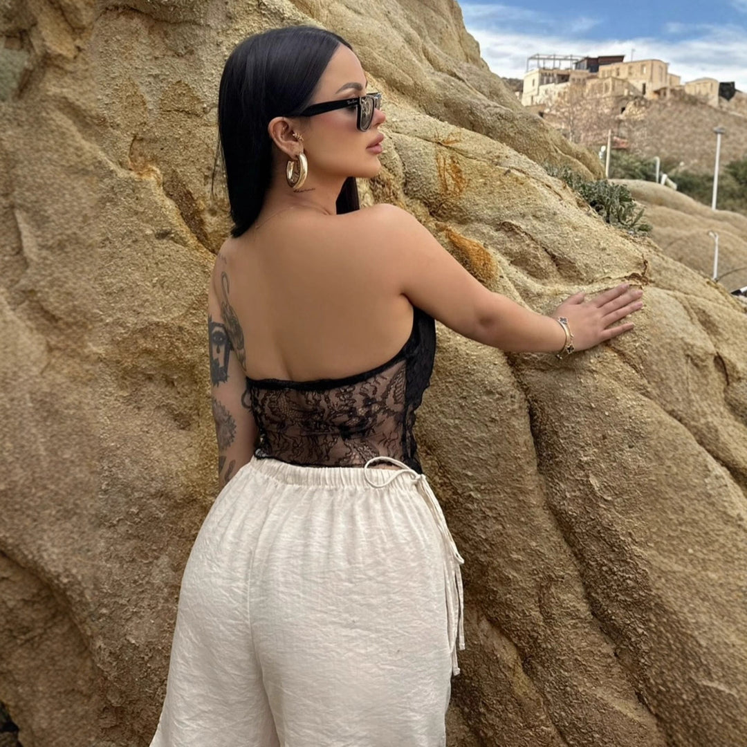 Damen Elegantes Bandeau-Top mit raffiniertem Spitzenüberzug und verspieltem Knoten EB