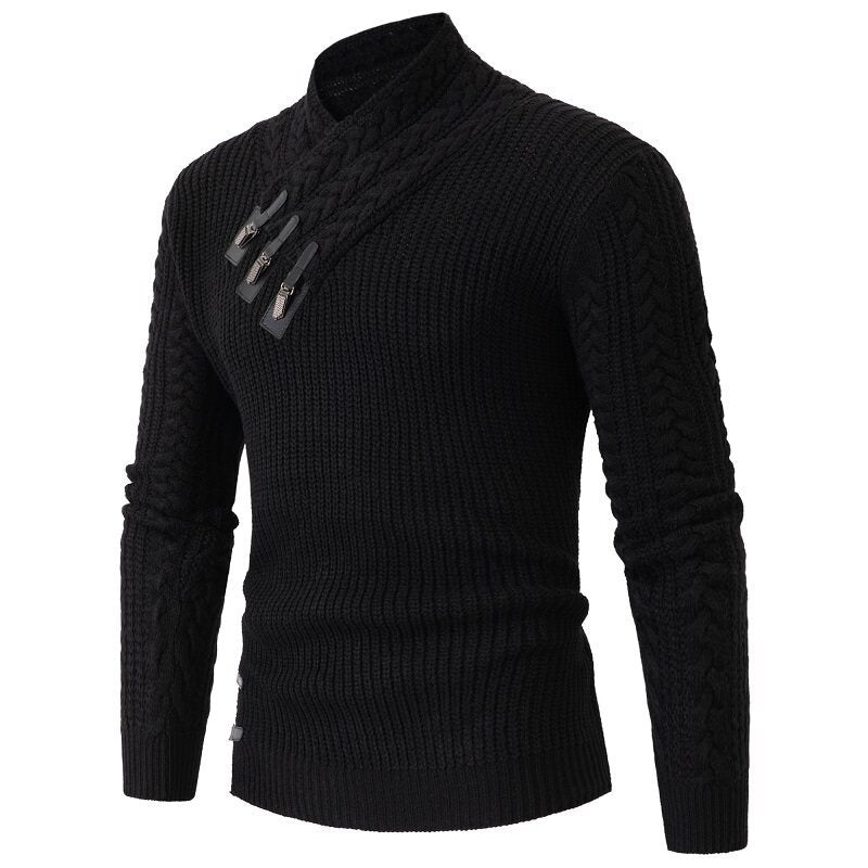 Herren nan Strickpullover mit Schalkragen, Zopfmuster und markanten Schnallenverschlüssen EB