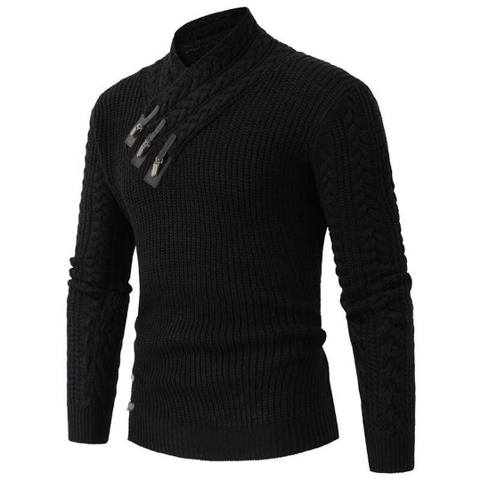 Herren nan Strickpullover mit Schalkragen, Zopfmuster und markanten Schnallenverschlüssen EB