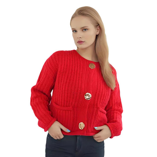 Damen Strickjacke mit kreativen Knopfdetails und seitlichen Taschen EB