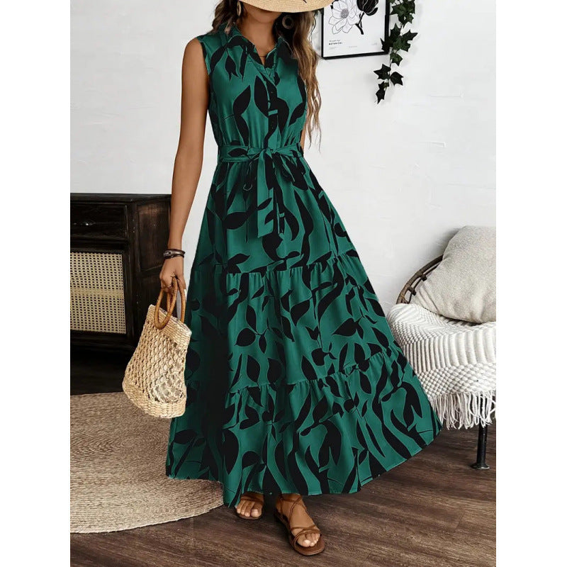 Damen Maxikleid mit geschichtetem Rock und elegantem Taillengürtel EB