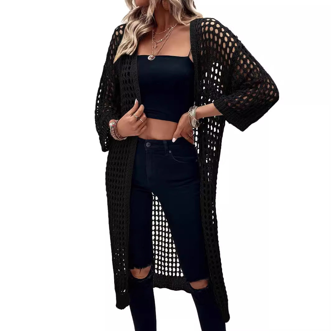 Damen Luftige Häkeljacke mit offenem Design und weiten Ärmeln EB