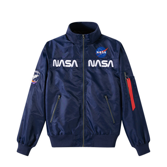 Men's  retro space-logo nylon zip bomber with angled zip pockets and utility sleeve tab EB