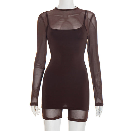 Damen Körperbetontes Longsleeve-Overall mit transparenten Ärmeln und figurformendem Schnitt EB
