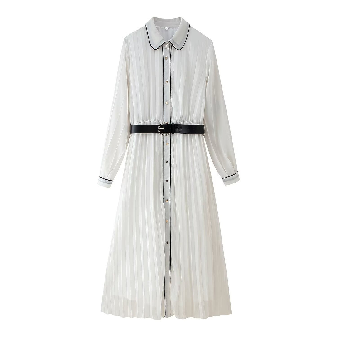 Damen elegantes plissiertes Maxikleid mit feinem Kragen und Gürtel EB