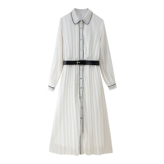 Damen elegantes plissiertes Maxikleid mit feinem Kragen und Gürtel EB