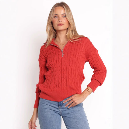 Damen Strickpullover mit elegantem Kabelmuster und modischem Stehkragen EB
