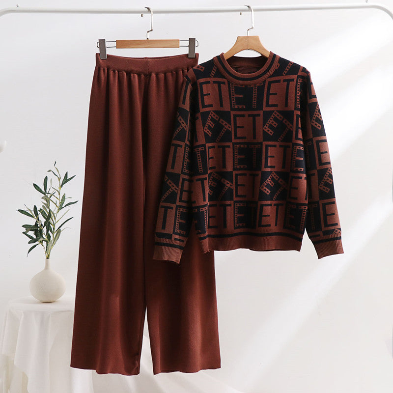 Damen lässiges Strick-Loungewear-Set mit grafischem Muster und weitem Schnitt EB
