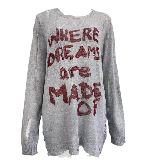 Damen lässiger Oversized Pullover mit auffälligem Schriftzug und Strick-Details EB