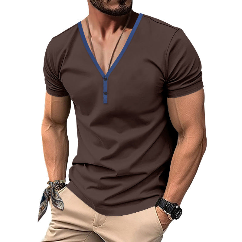 Herren Kurzarm Henley-T-Shirt mit V-Ausschnitt und Knopfdetail EB