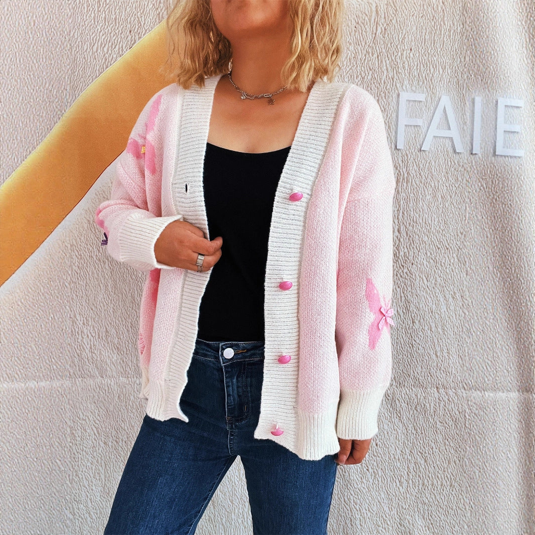 Damen Strickjacke mit verspieltem Schmetterlingsdesign und Knopfverschluss EB