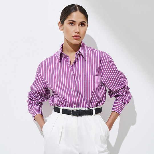Damen Elegante, gestreifte Bluse mit klassischem Kragen und Taschen EB