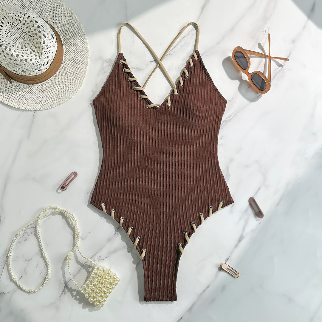 Damen Eleganter Strick-Badeanzug mit Schnürdetails EB